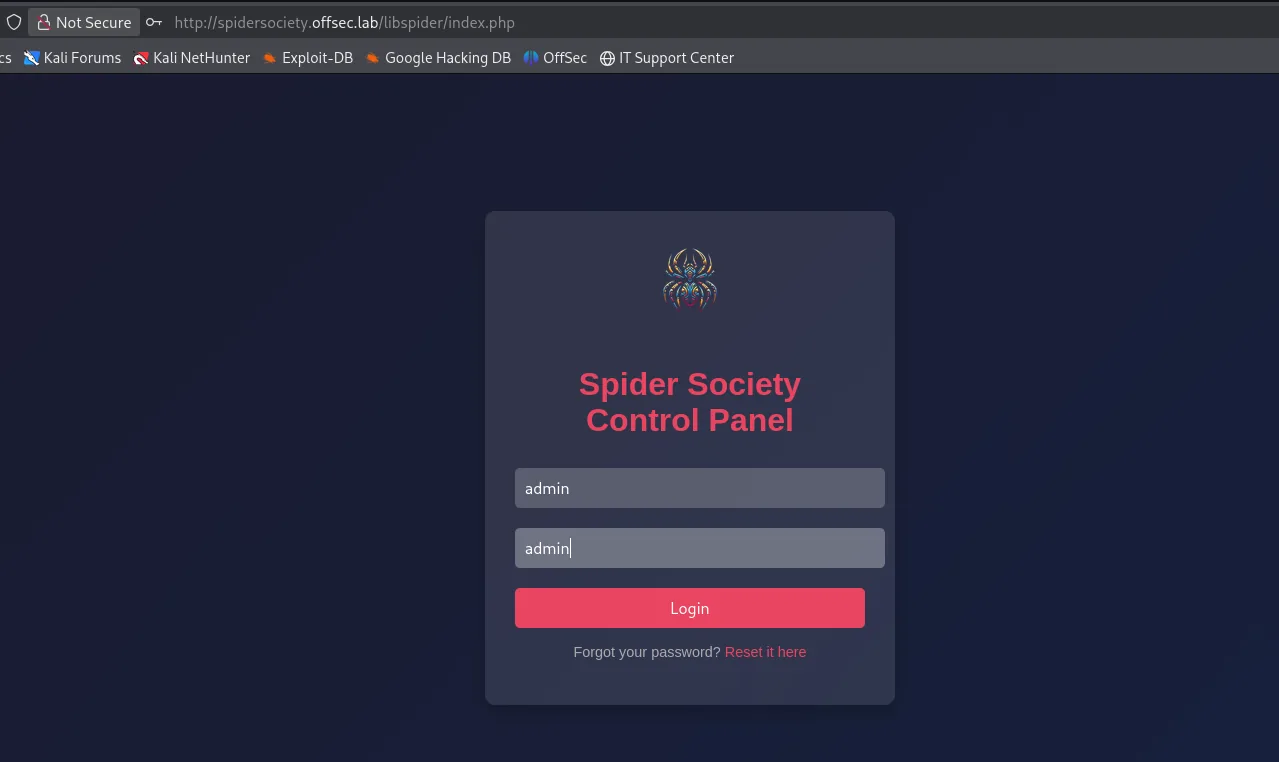 Panel de Spider Society con admin/admin