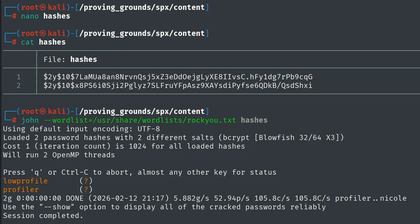 john con rockyou saca lowprofile y profiler de los dos hashes bcrypt