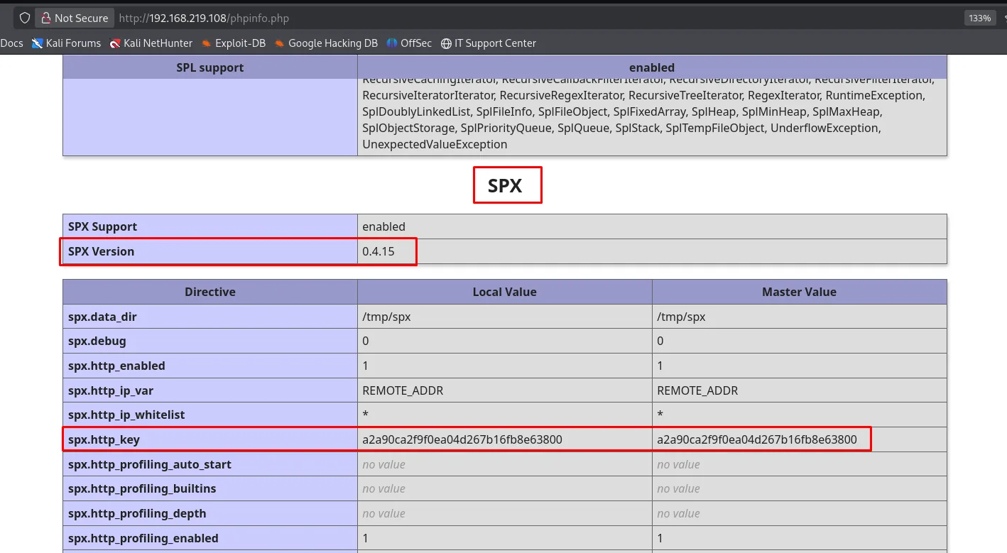 phpinfo revela SPX Version 0.4.15 y spx.http_key = a2a90ca2f9f0ea04d267b16fb8e63800