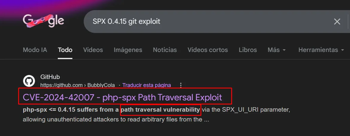 Búsqueda "SPX 0.4.15 git exploit" que apunta al repo BubblyCola/CVE_2024_42007 (path traversal via SPX_UI_URI)
