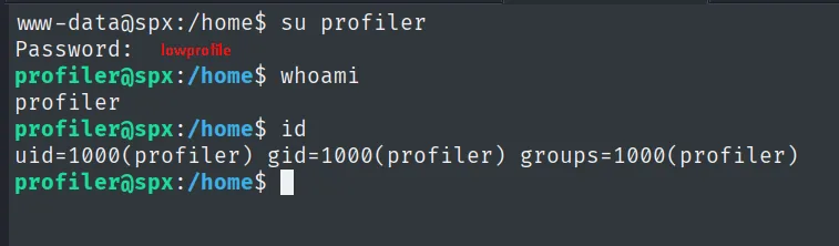 su profiler con la contraseña lowprofile; whoami e id confirman profiler (uid 1000)