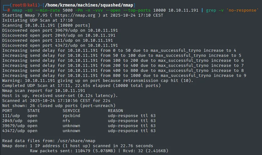 nmap UDP: 111 rpcbind, 2049 nfs y dos puertos altos abiertos