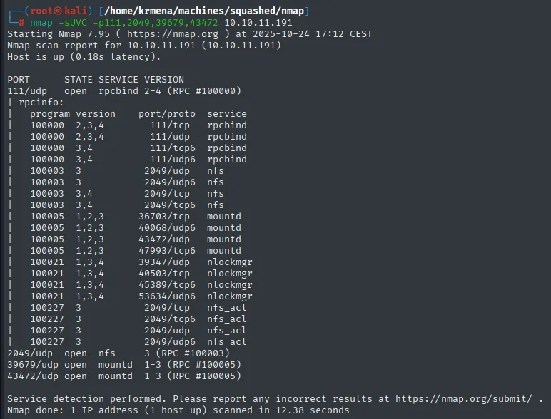 nmap -sUVC sobre los puertos UDP: la tabla rpcinfo lista rpcbind, nfs, mountd, nlockmgr y nfs_acl con sus versiones y puertos
