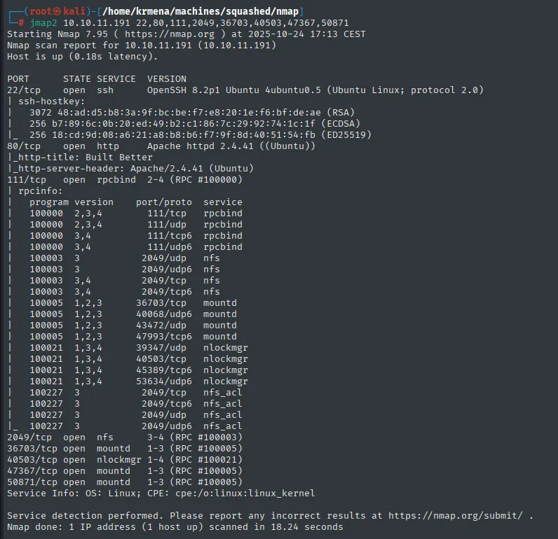 Escaneo de versiones con la tabla rpcinfo completa resolviendo los puertos altos como mountd y nlockmgr