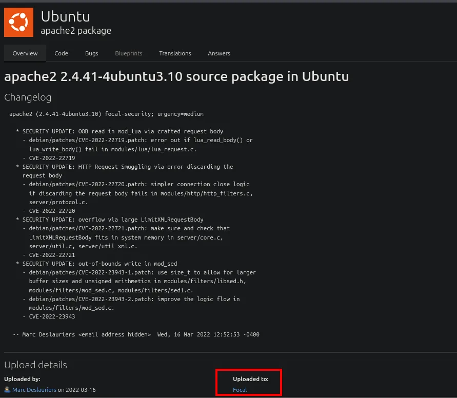 Launchpad muestra que apache2 2.4.41-4ubuntu3.10 pertenece a Focal