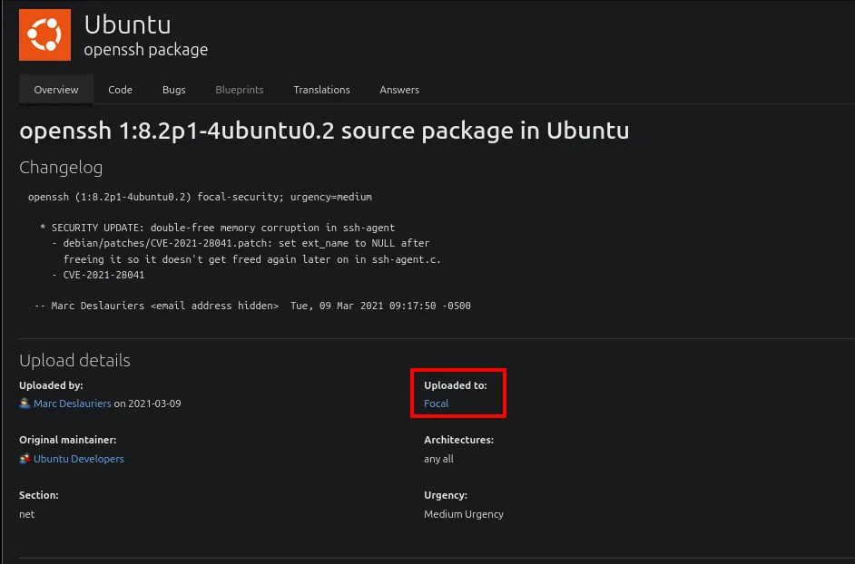 Launchpad muestra que openssh 1:8.2p1-4ubuntu0.2 tambien pertenece a Focal