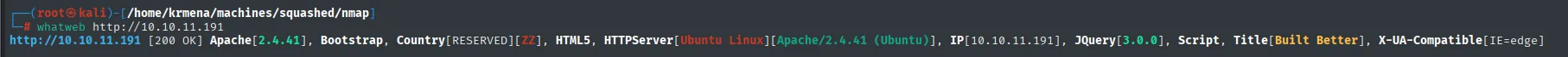 whatweb identifica Apache 2.4.41 sobre Ubuntu, Bootstrap y jQuery 3.0.0