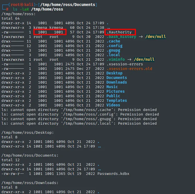 Listado recursivo del home de ross montado por NFS: .Xauthority del UID 1001, .xsession-errors y un Passwords.kdbx en Documents