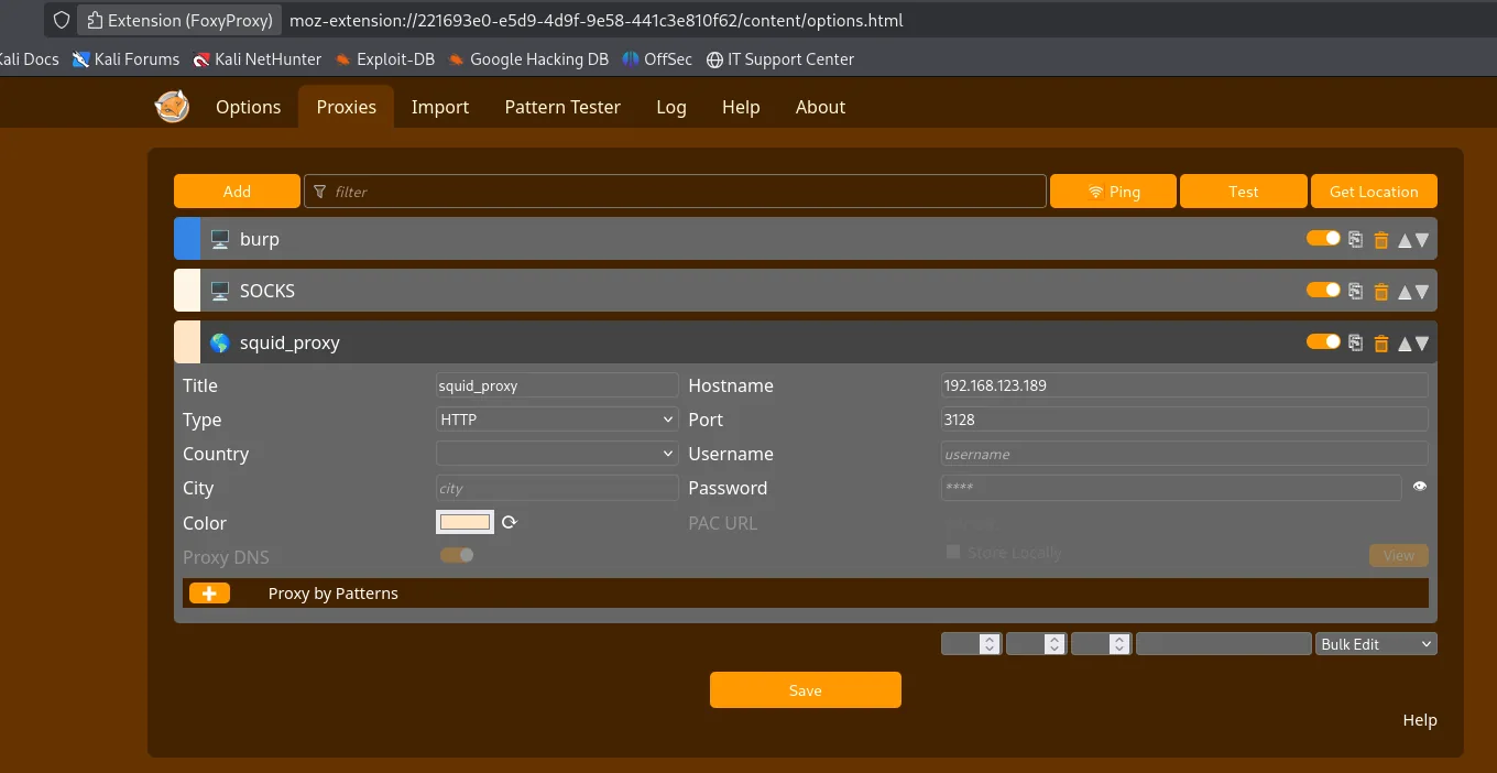 FoxyProxy con el perfil squid_proxy: Type HTTP, Hostname 192.168.123.189, Port 3128