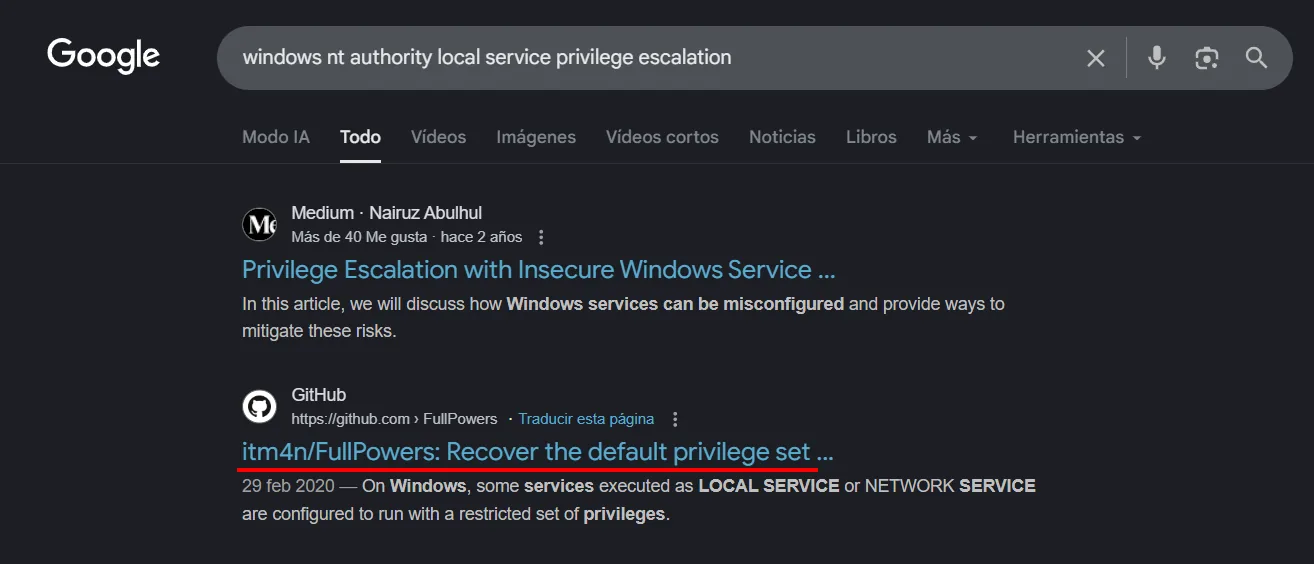 Búsqueda en Google con el resultado "itm4n/FullPowers: Recover the default privilege set" resaltado