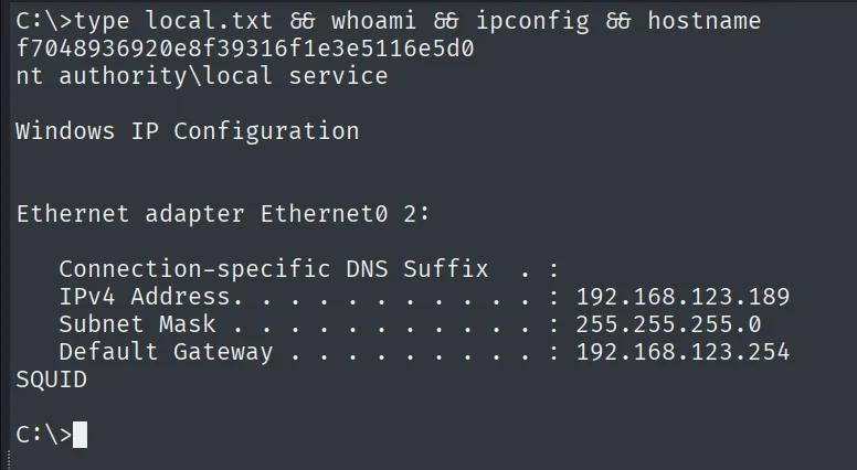 local.txt leída como nt authority\local service en la máquina SQUID