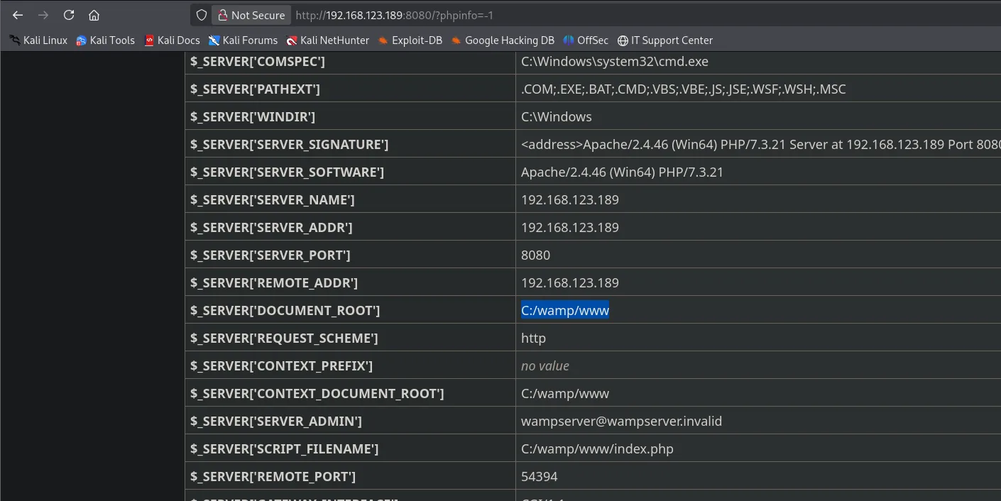 phpinfo mostrando $_SERVER['DOCUMENT_ROOT'] = C:/wamp/www y SERVER_SOFTWARE Apache/2.4.46 (Win64) PHP/7.3.21