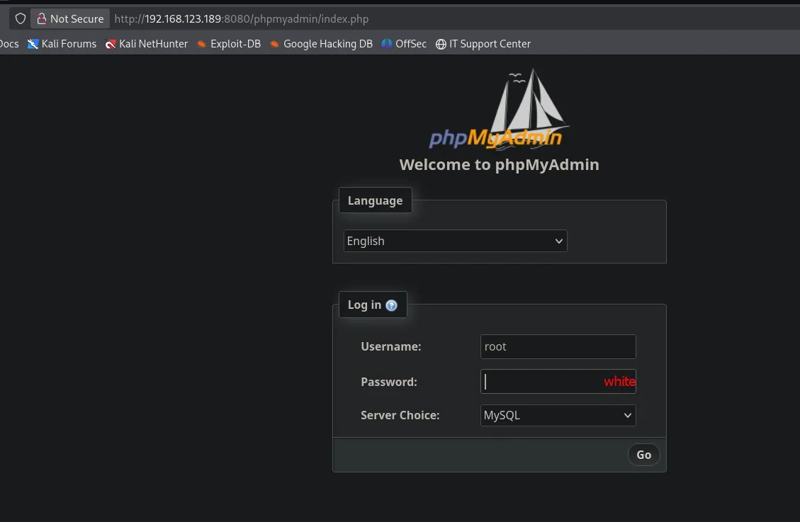 Login de phpMyAdmin con usuario root y contraseña vacía