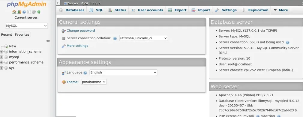 Panel de phpMyAdmin: Server MySQL (127.0.0.1 via TCP/IP), version 5.7.31, User root@localhost, Apache/2.4.46 PHP/7.3.21