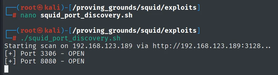 Salida del script: "Port 3306 - OPEN" y "Port 8080 - OPEN" descubiertos a través del proxy Squid