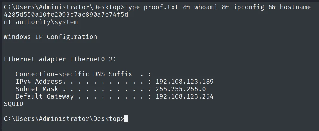 proof.txt leída como nt authority\system en SQUID (192.168.123.189)