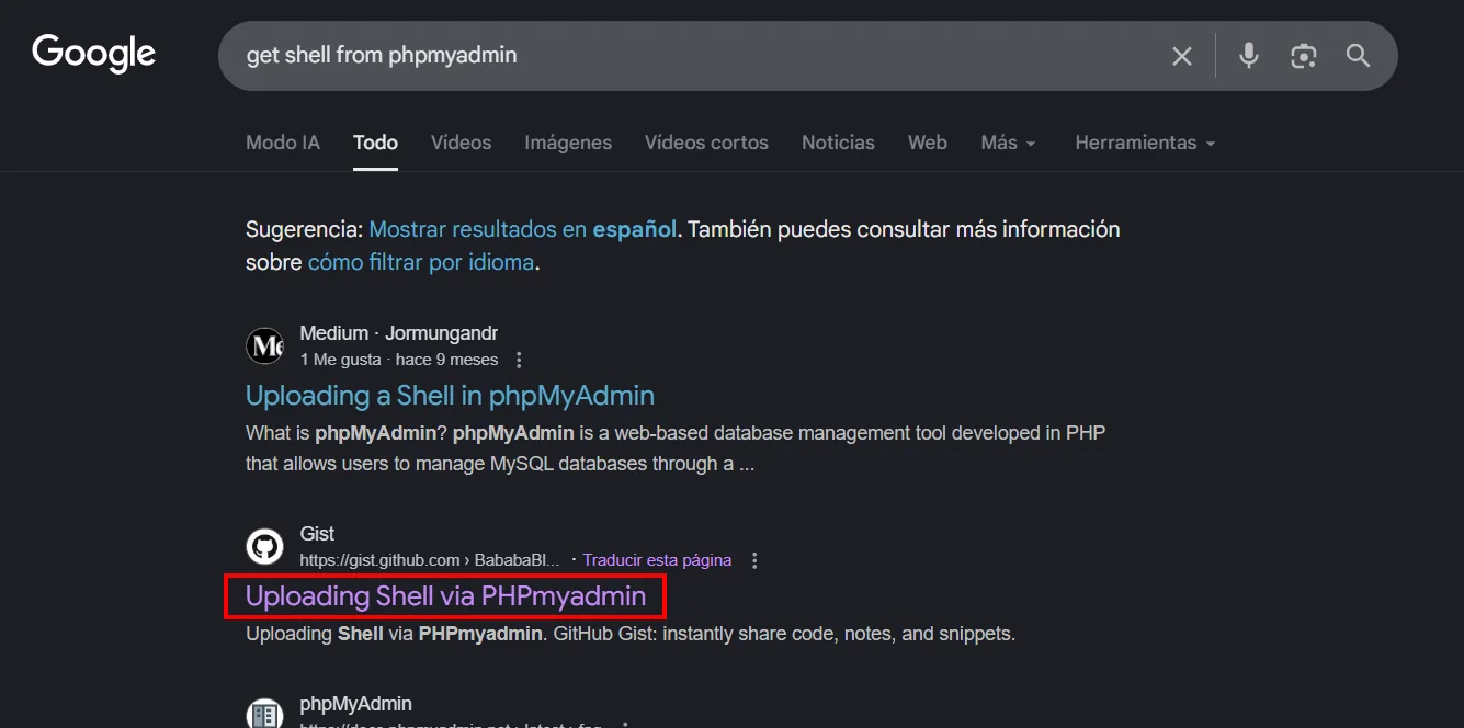 Búsqueda en Google "get shell from phpmyadmin" con el resultado "Uploading Shell via PHPmyadmin" resaltado