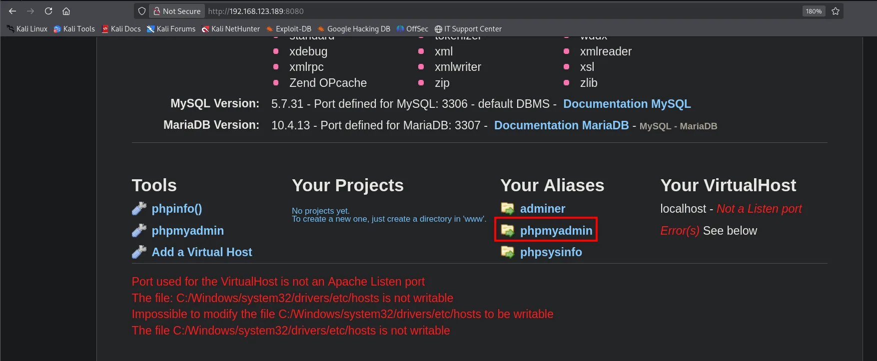 Sección Your Aliases de WampServer con el alias phpmyadmin resaltado