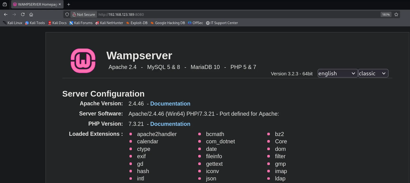 Página de inicio de WampServer 3.2.3: Apache 2.4 - MySQL 5 & 8 - MariaDB 10 - PHP 5 & 7