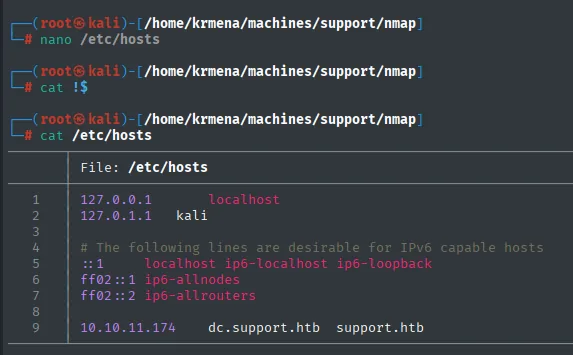 el /etc/hosts actualizado, con dc.support.htb y support.htb en la misma línea