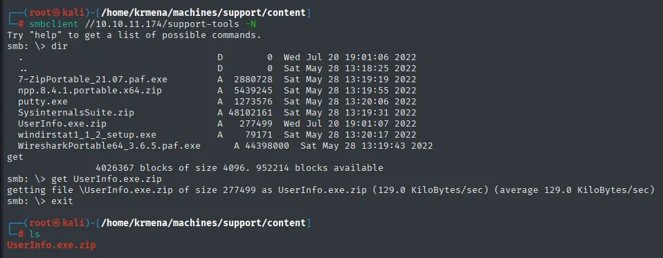 smbclient descarga UserInfo.exe.zip del recurso support-tools
