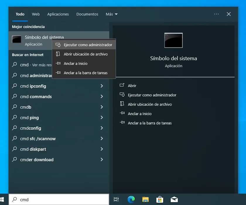 el menú de inicio de Windows con Ejecutar como administrador seleccionado sobre el Símbolo del sistema