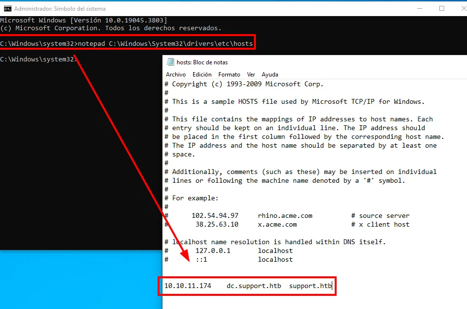el bloc de notas con el fichero hosts de Windows y la línea 10.10.11.174 dc.support.htb support.htb añadida al final