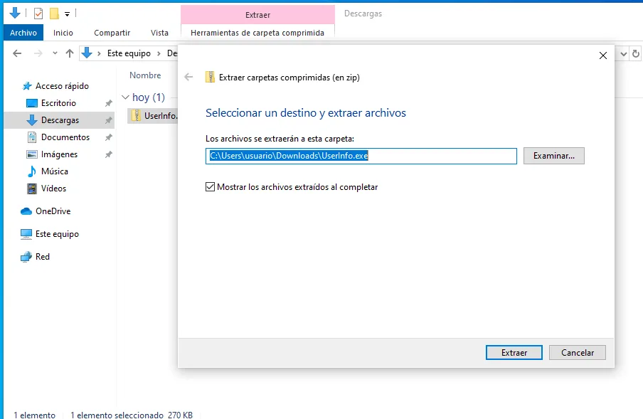 el diálogo de extracción descomprimiendo UserInfo.exe.zip, de 270 KB, en la carpeta de Descargas
