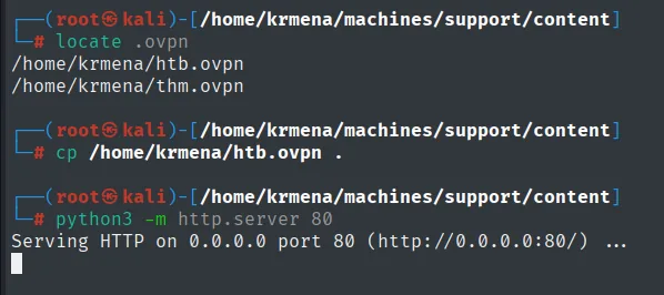 el locate encuentra htb.ovpn y thm.ovpn, se copia el de HTB al directorio de trabajo y se levanta el http.server