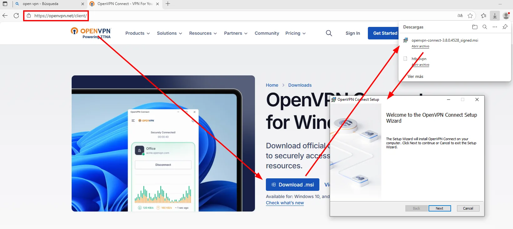 la pagina openvpn.net/client con el boton Download .msi resaltado, el instalador openvpn-connect-3.8.0.4528_signed.msi en el panel de descargas y el asistente de instalacion abierto