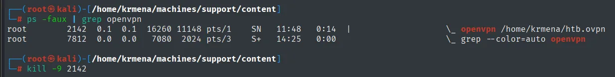 el ps localiza el proceso openvpn con PID 2142 y el kill -9 lo cierra
