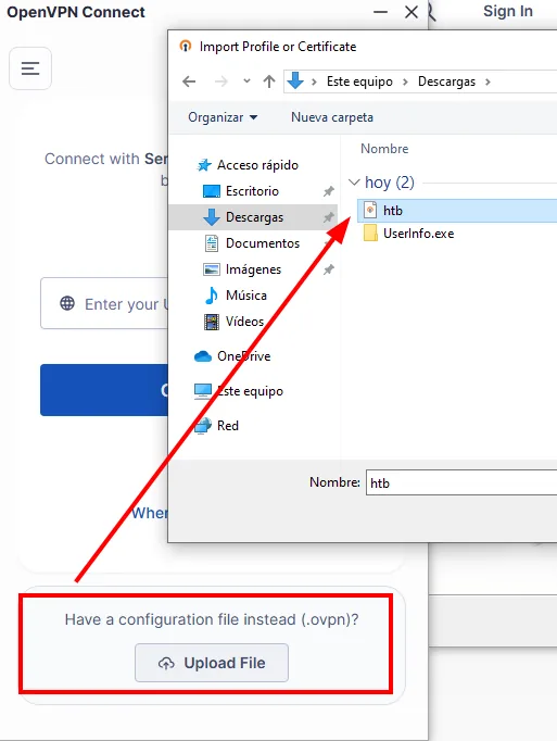 el cliente OpenVPN Connect pidiendo el perfil, con el botón Upload File y el diálogo de importación seleccionando htb.ovpn