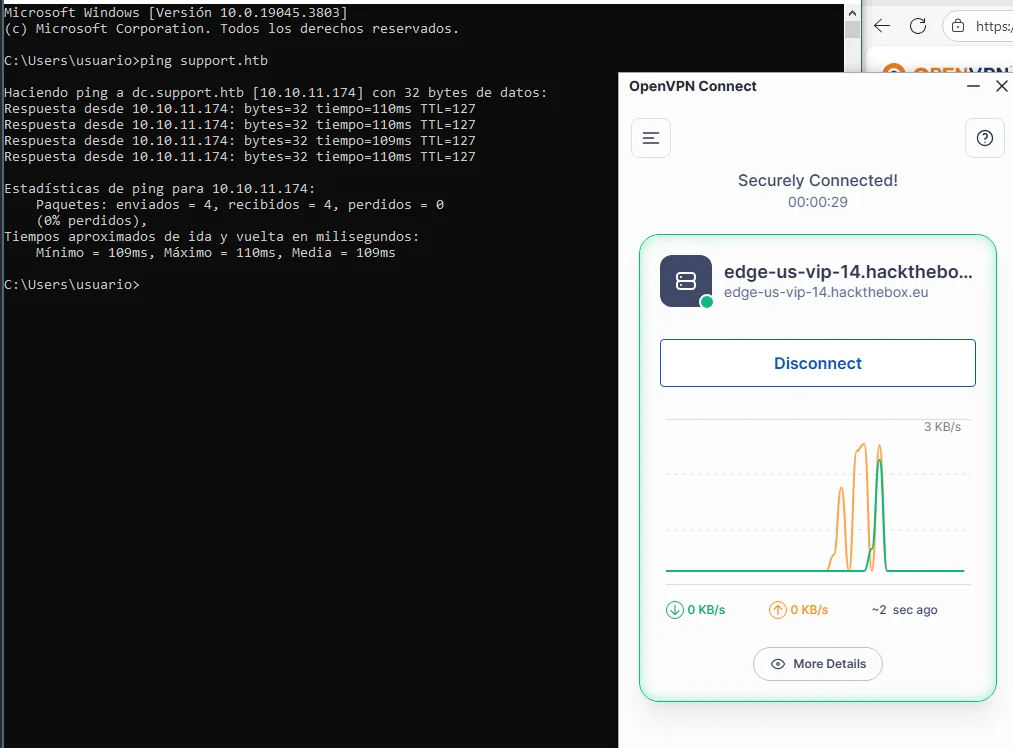 el ping desde el Windows 10 resuelve support.htb a dc.support.htb 10.10.11.174 y recibe las cuatro respuestas, mientras OpenVPN Connect muestra Securely Connected