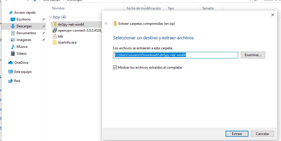 el diálogo de extracción de Windows descomprimiendo dnSpy-net-win64 en la carpeta de Descargas