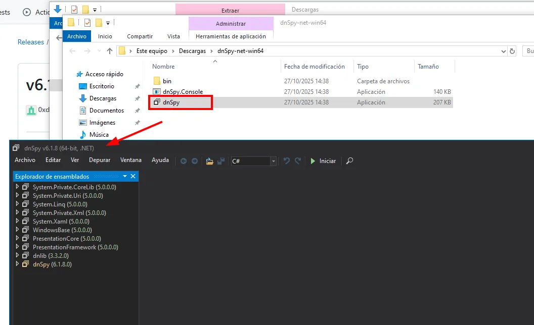 el ejecutable dnSpy dentro de la carpeta extraída y, debajo, la ventana de dnSpy 6.1.8 ya abierta con su explorador de ensamblados