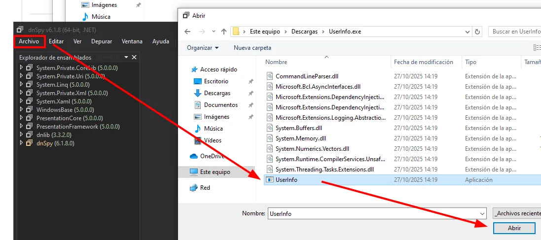 el diálogo Abrir de dnSpy sobre la carpeta UserInfo.exe, con CommandLineParser.dll, varias Microsoft.Extensions y el ejecutable UserInfo seleccionado